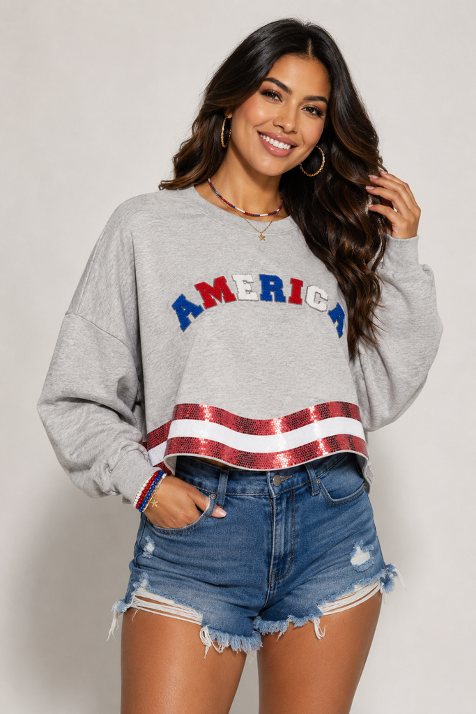 Long sleeve sequin crop pullover sweater