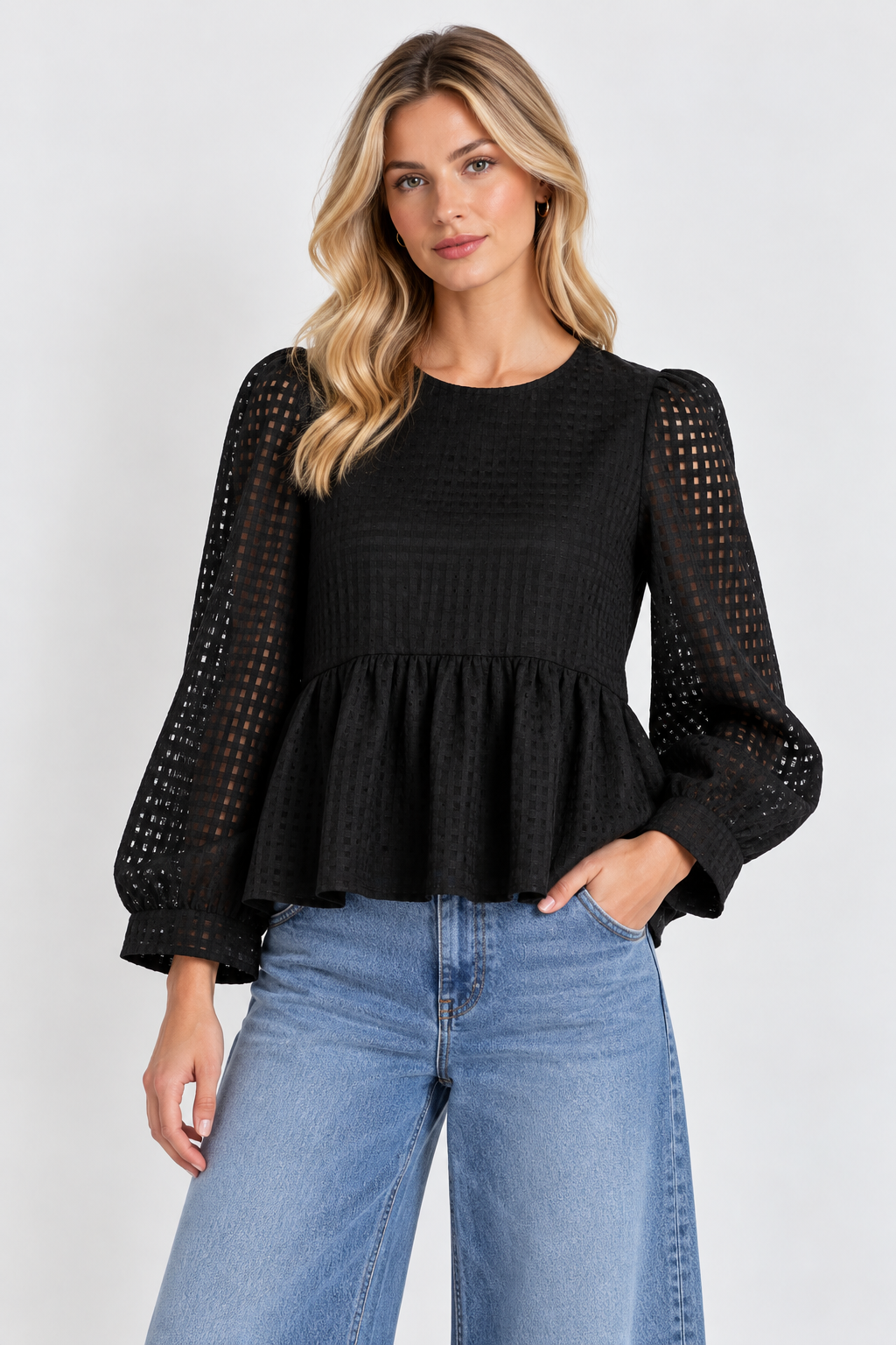 Moonlit Gaze Peplum Black Baby Doll Blouse