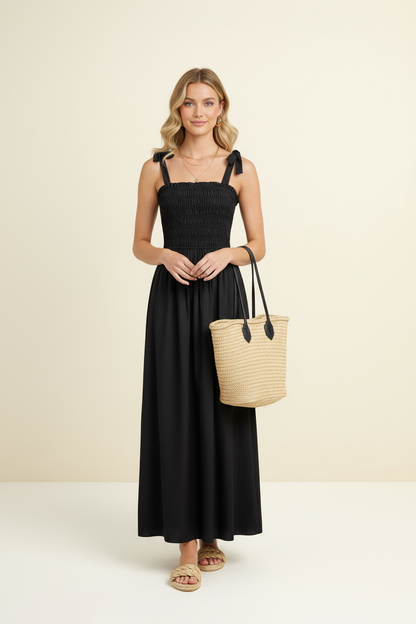 Smocked Maxi Dress with Shoulder Tie