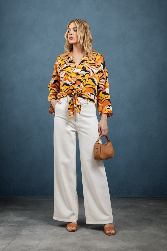 RETRO WAVE TIE ABSTRACT WIDE SLEEVE TOP