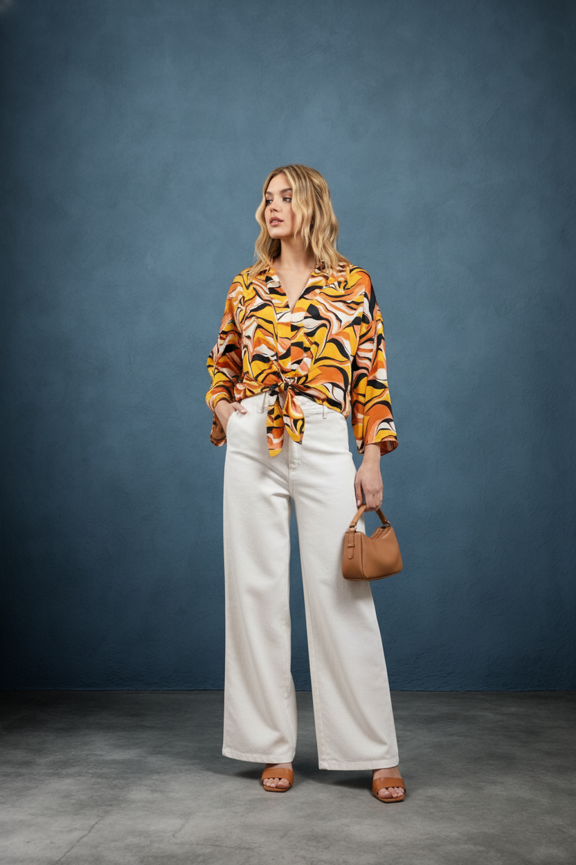 RETRO WAVE TIE ABSTRACT WIDE SLEEVE TOP