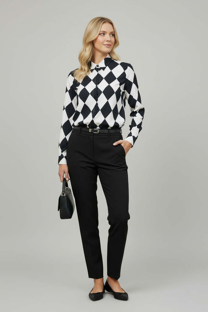 Black white diamond print blouse, side view