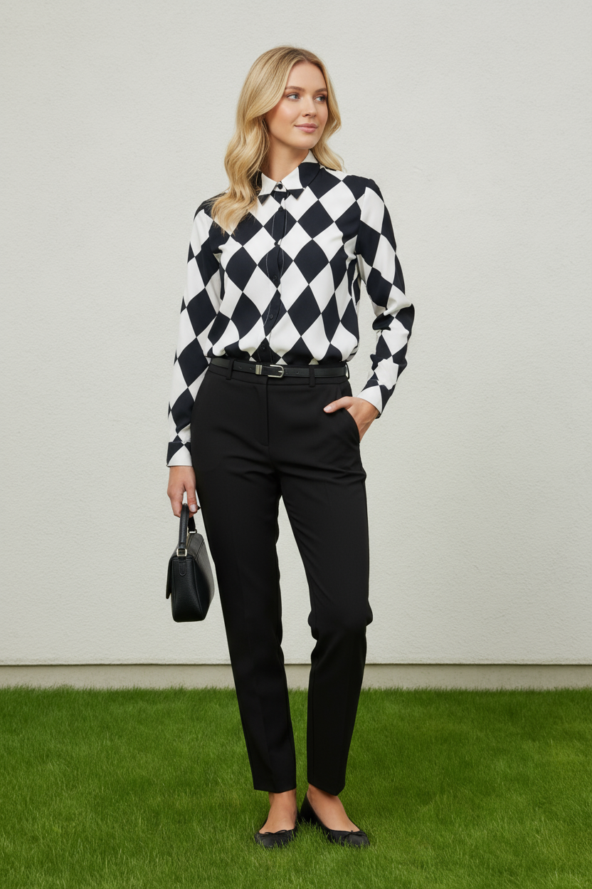 DIAMOND DISTRICT BALCK & WHITE LONG SLEEVE BLOUSE