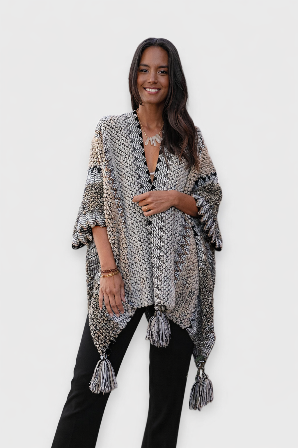 Colorful Sunset Draped Tassel Crochet  Ruana