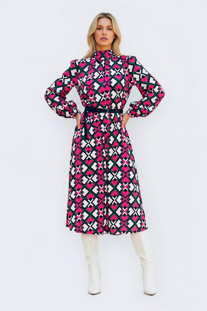 Vibrant multi-print midi dress with included belt