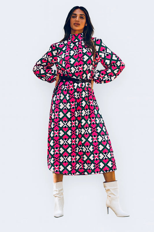 Mod Mosaic Midi Belted Dress