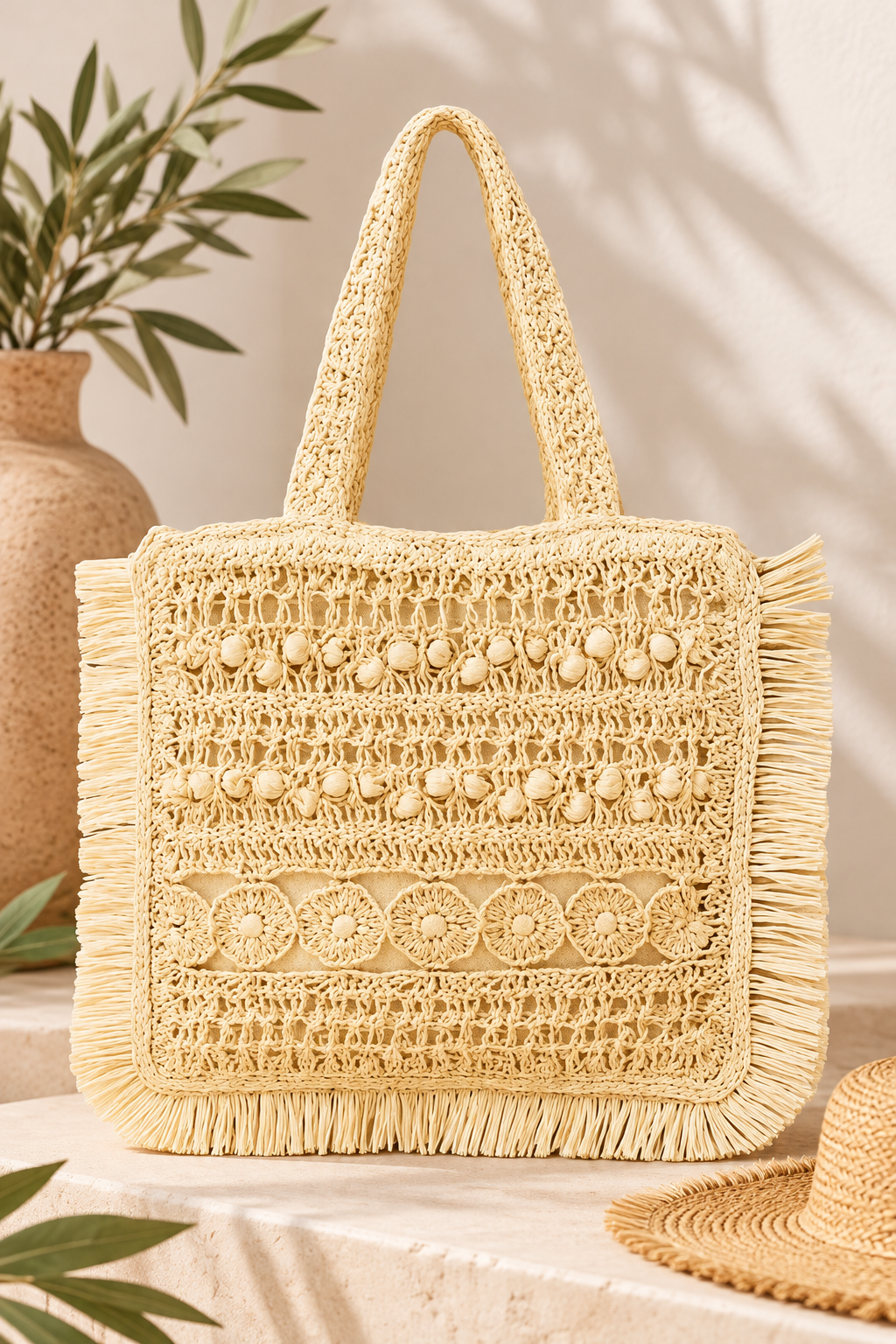 Sunlace Straw Braided Fringe Tote Bag