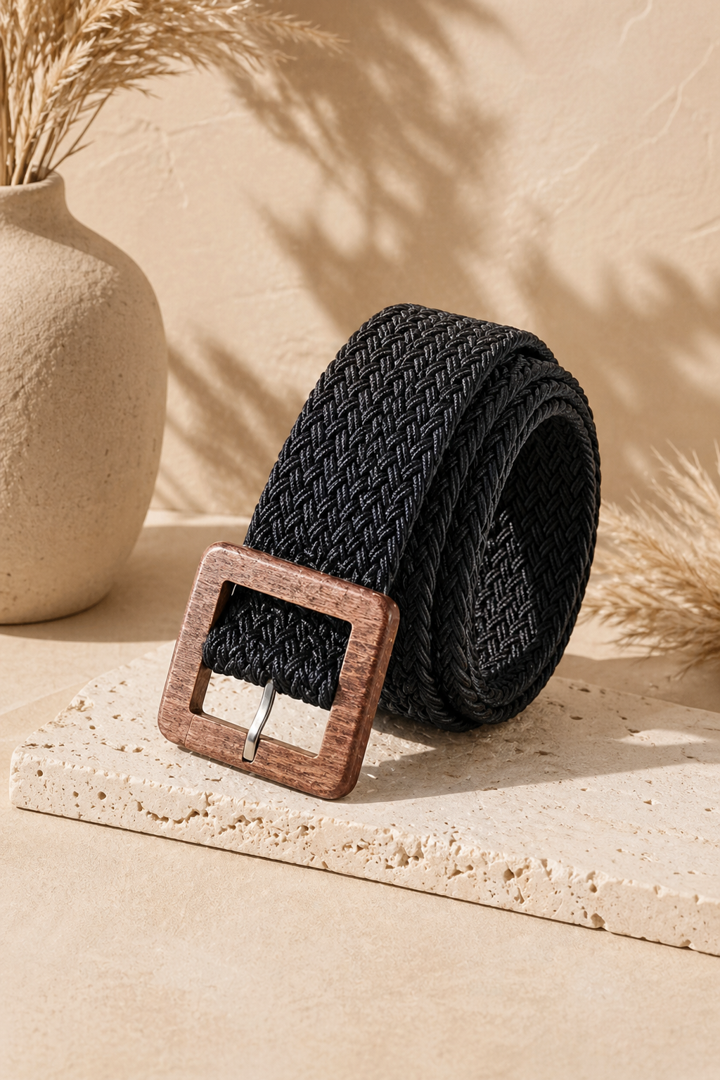 WOVEN PULSE BLACK WOODEN BUCKLE BRAIDED BELT