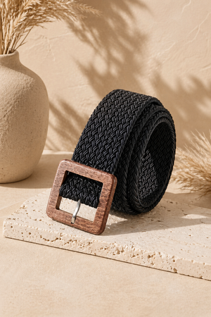 Black wooden square buckle braided belt, front view