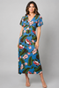 Tropical hibiscus blue floral midi dress, front view