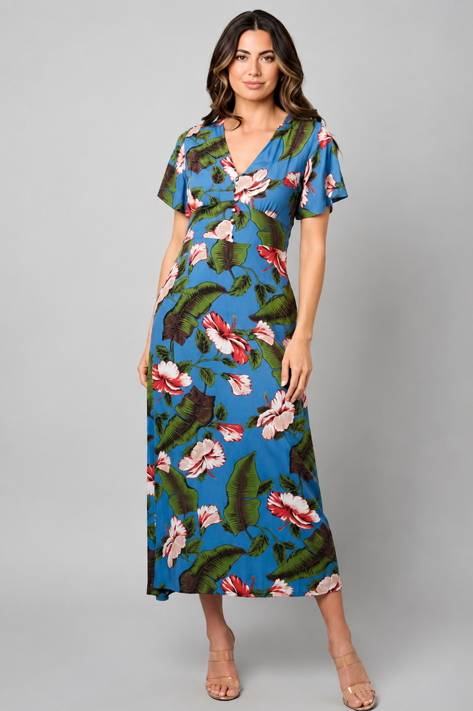Tropical hibiscus blue floral midi dress, front view