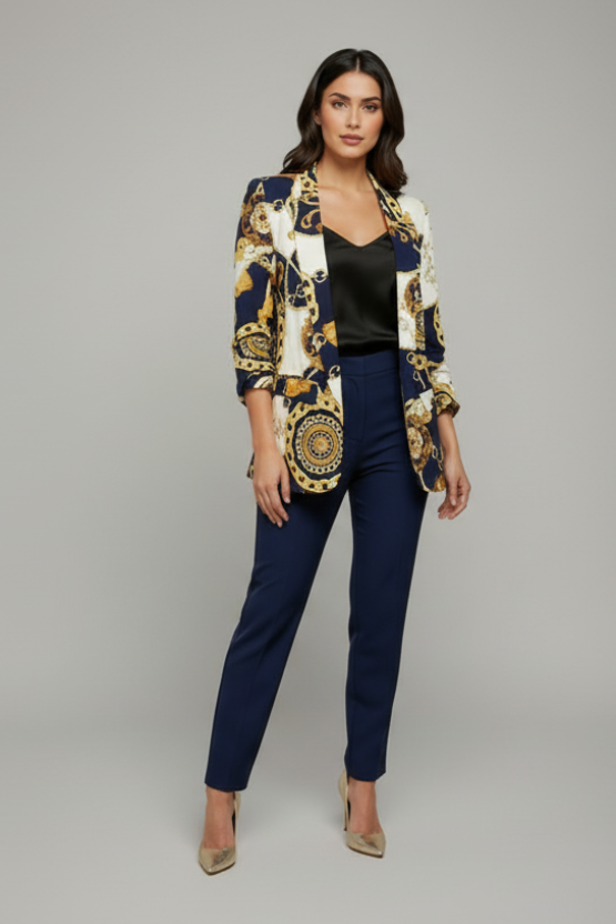 MEDUSA MODE LUXURY CHAIN PRINT RUCHED SLEEVES BLAZER