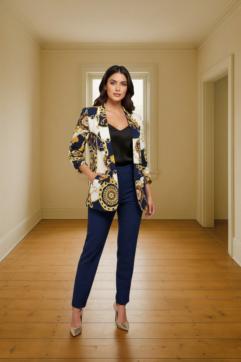 MEDUSA MODE LUXURY CHAIN PRINT RUCHED SLEEVES BLAZER