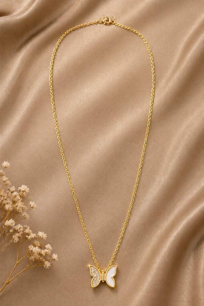 Gold dipped shell and CZ pave butterfly pendant necklace, front view
