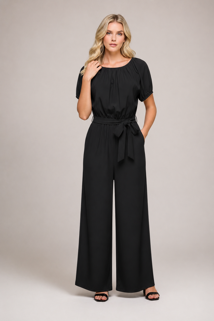 Short puff sleeve elastic waist wide-leg jumpsuit, front view