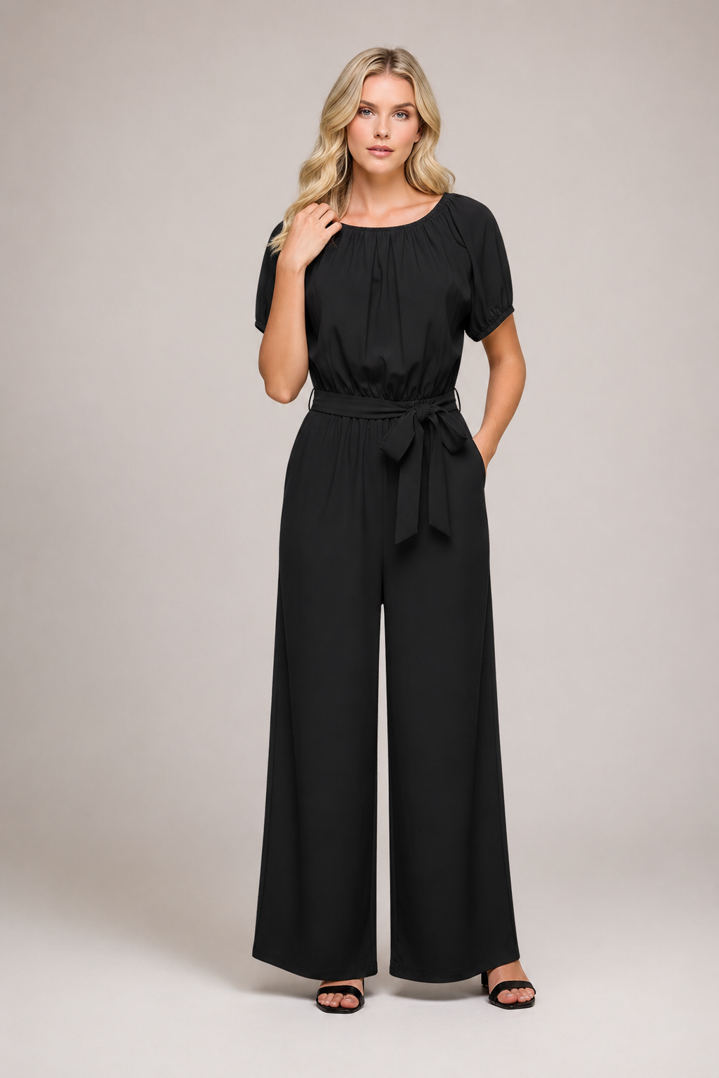 MIDNIGHT CLINCH PUFF SLEEVE ELASTIC WAIST WIDE LEG JUMPSUIT