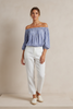 Off-shoulder puff sleeve novelty top with embroidery print, front view