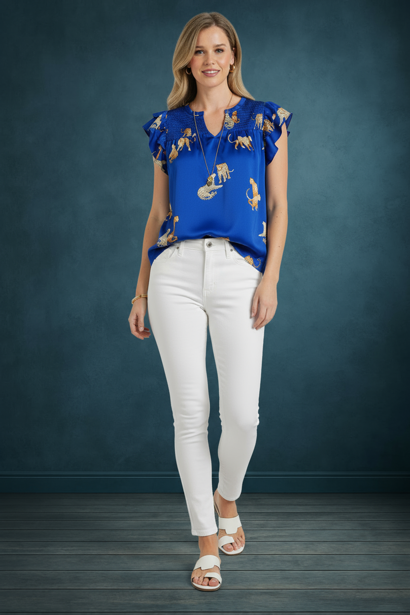 Cheetah Print Boxy Cut Split Neck Top