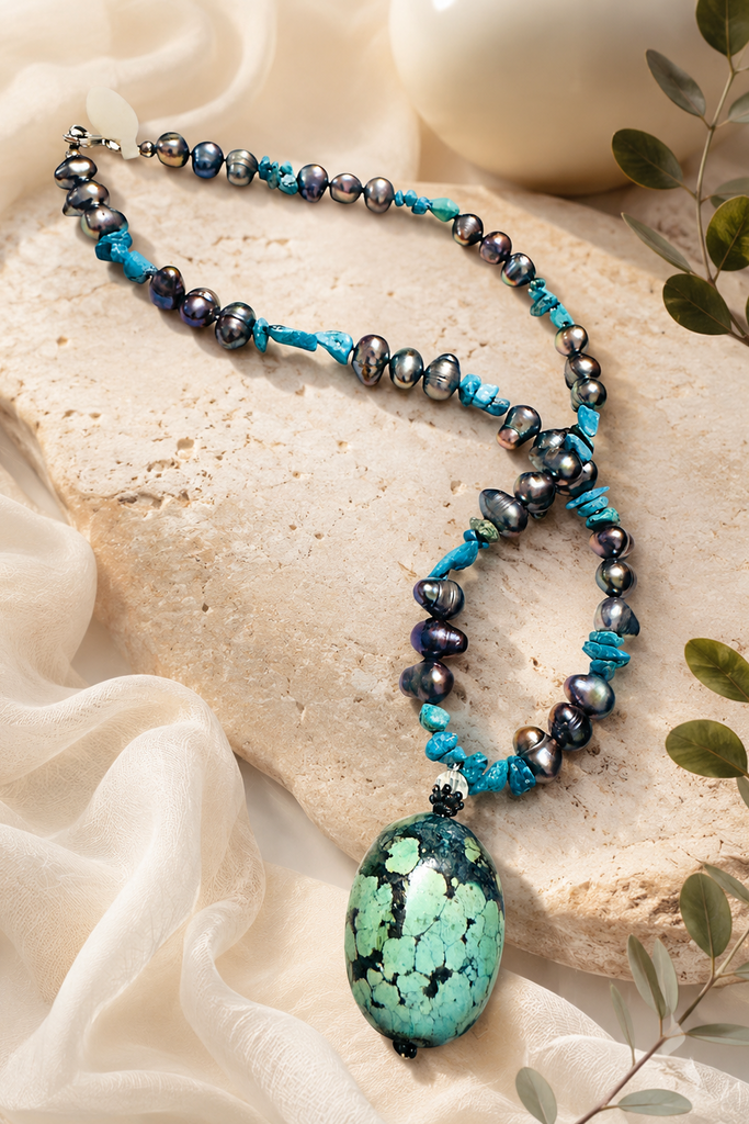 Coastal Reverie necklace with African turquoise jasper and baroque pearls