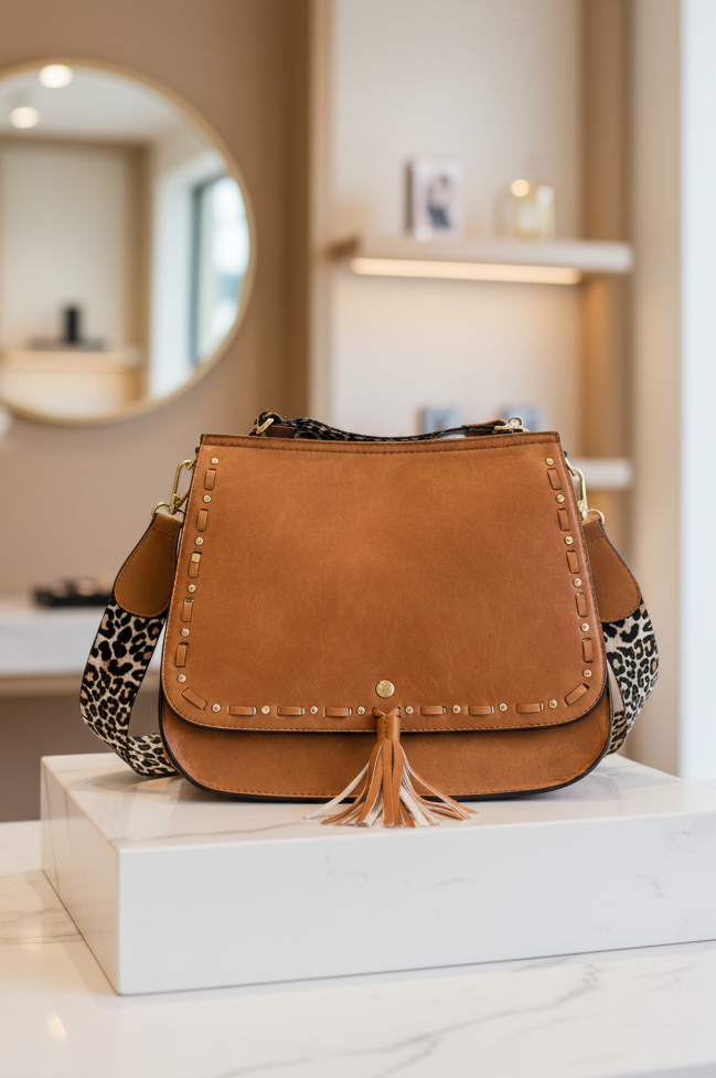 Leopard strap fold-over crossbody bag in vegan leather