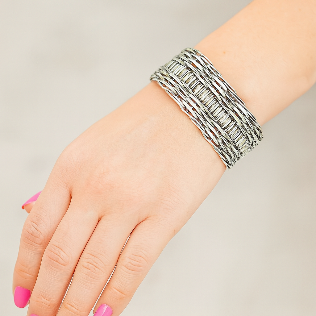 Handmade Silvertone- Adjustable Banjara Basketweave Cuff