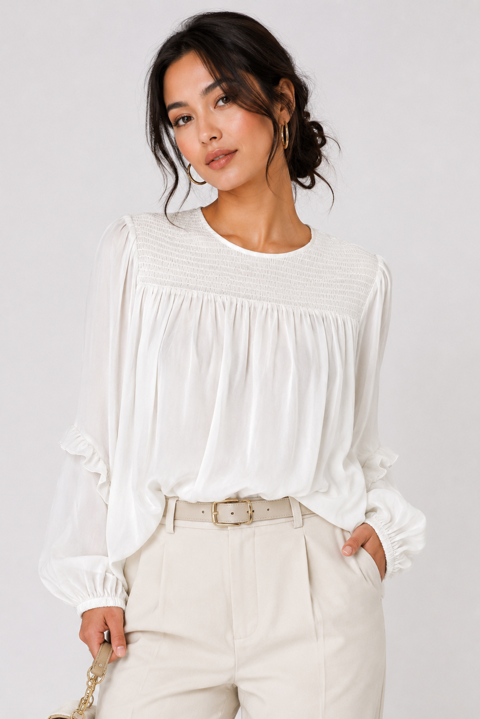 Smocked yoke ruffled polyester blouse