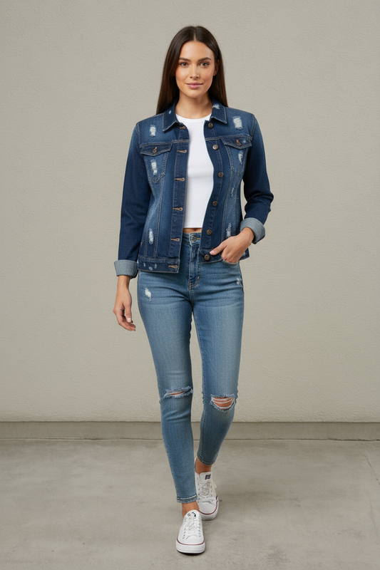 DOWNTOWN DARK WASH DISTRESSED JEAN JACKET