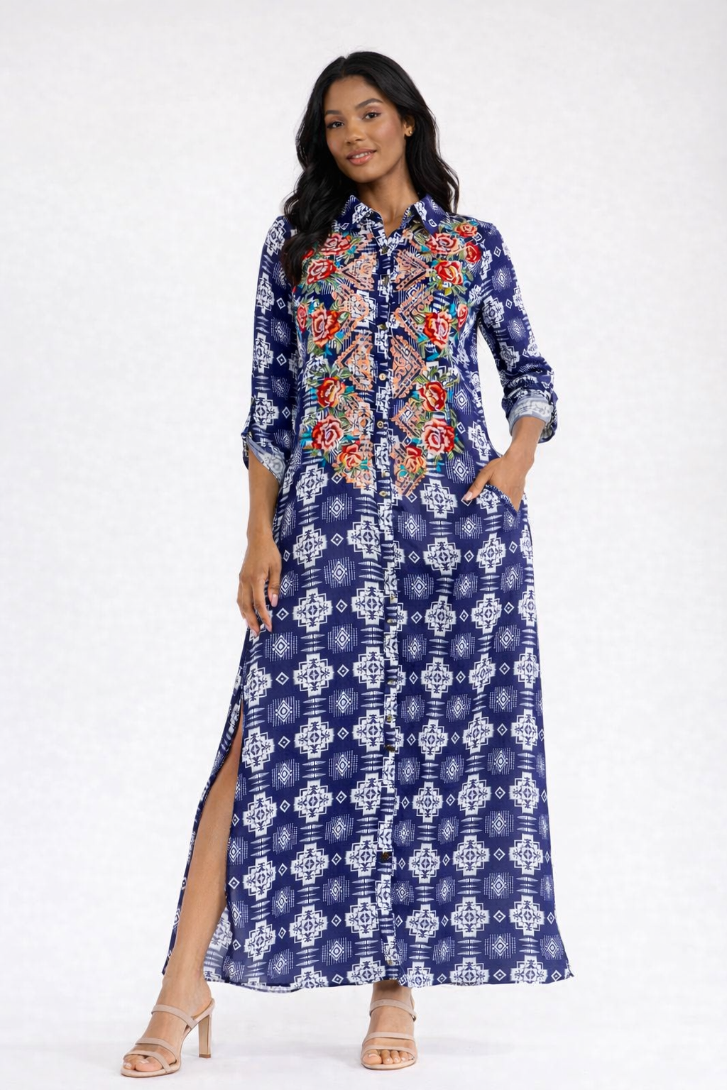 Sedona Rose Embroidered Maxi Shirt Dress