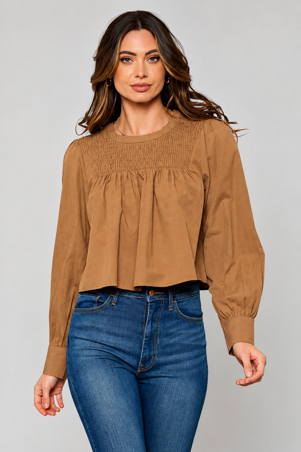 Mocha Muse Long Sleeve Smock Detailed Top