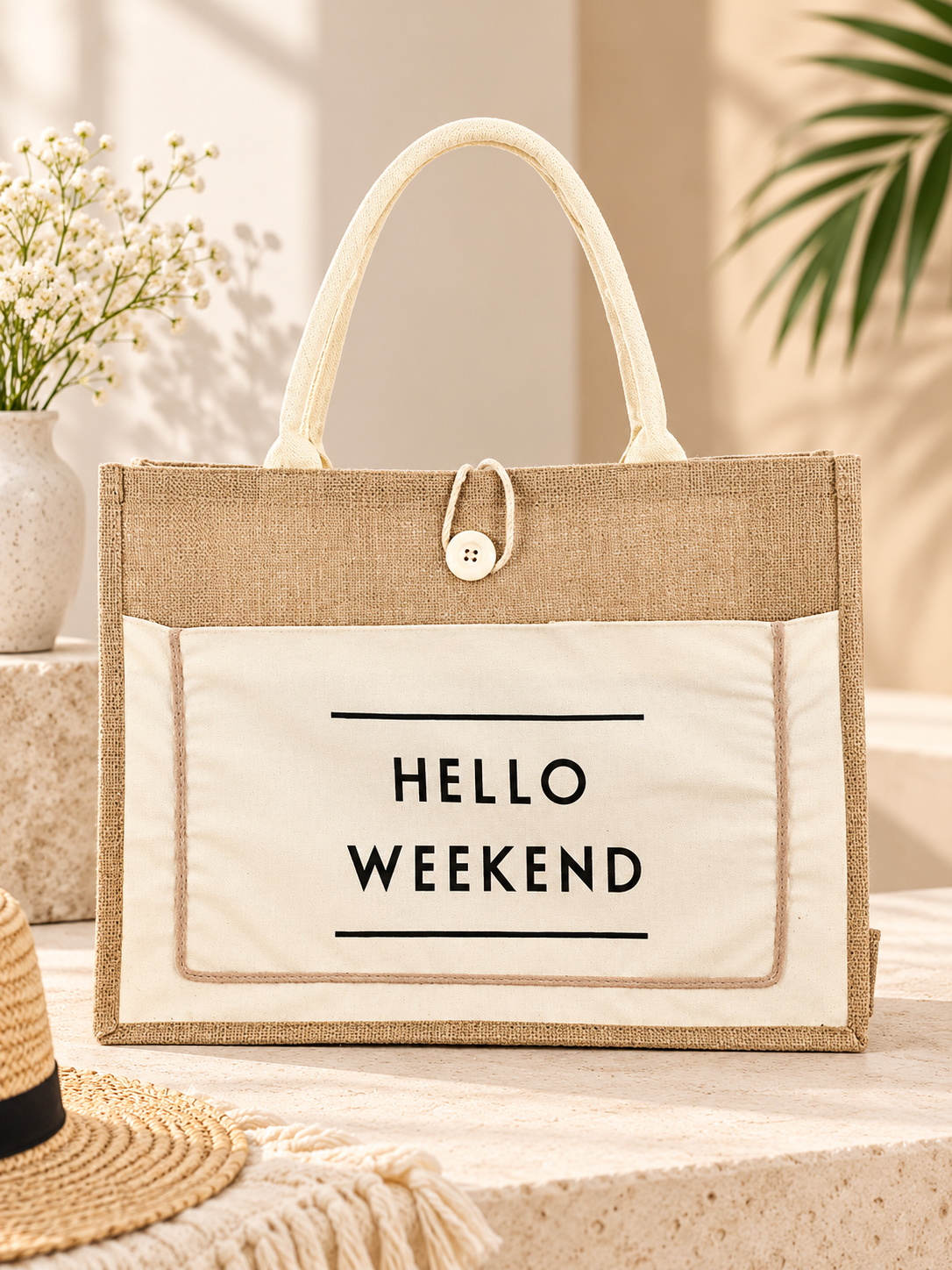Hello Weekend Burlap Tote Bag