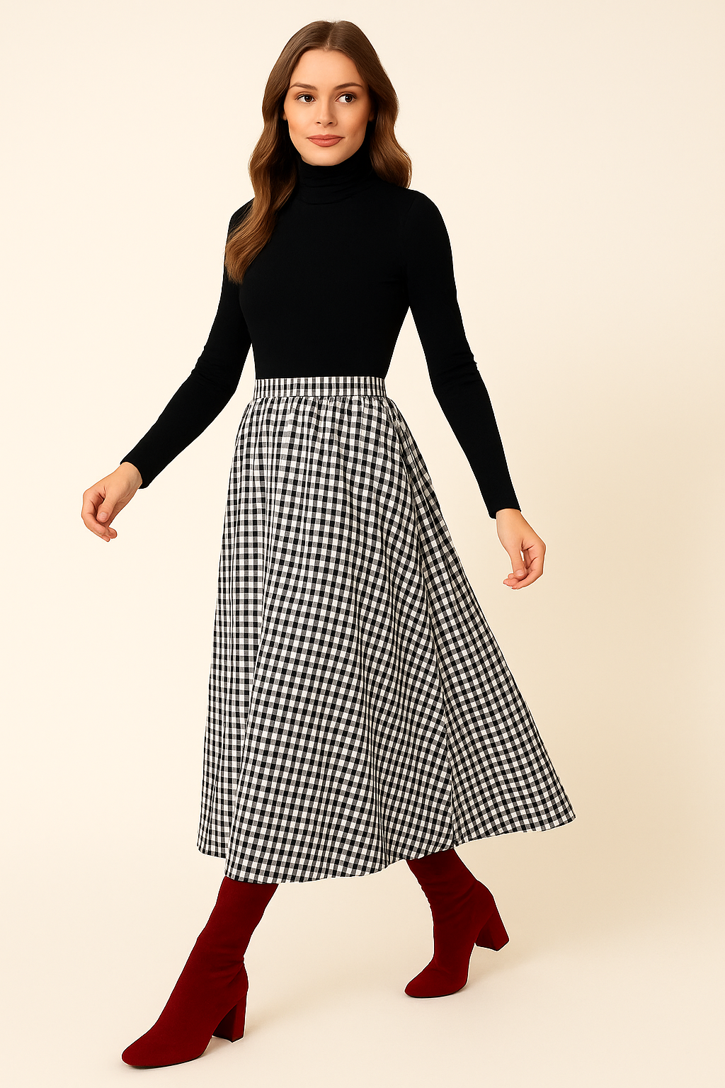 THE AUDREY GINGHAM CHECKED MIDI BLACK & WHITE SKIRT