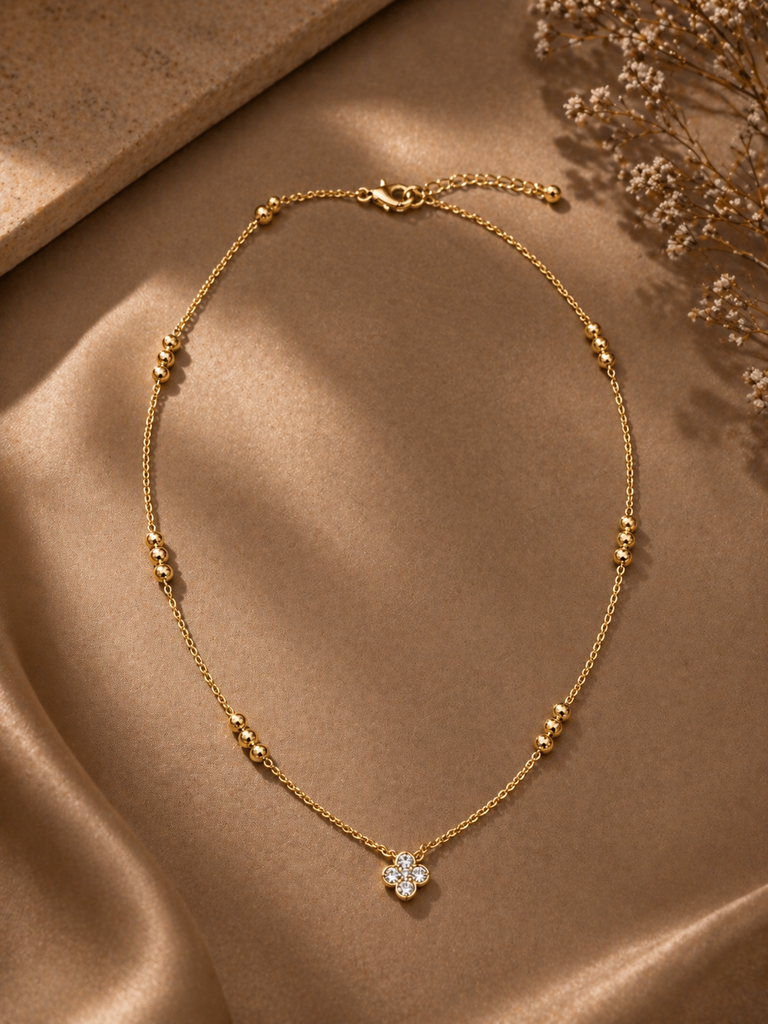 Gold mini pave clover pendant chain necklace, front view