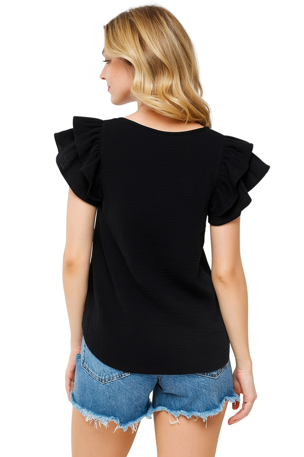 REVIVAL DOUBLE RUFFLE BLACK SHORT SLEEVE TOP