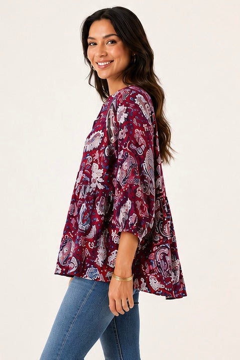 Wine color mix paisley tiered tunic, side view