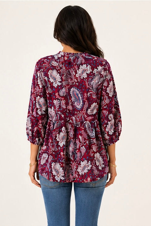 Baby doll paisley top with high-low hemline, back detail