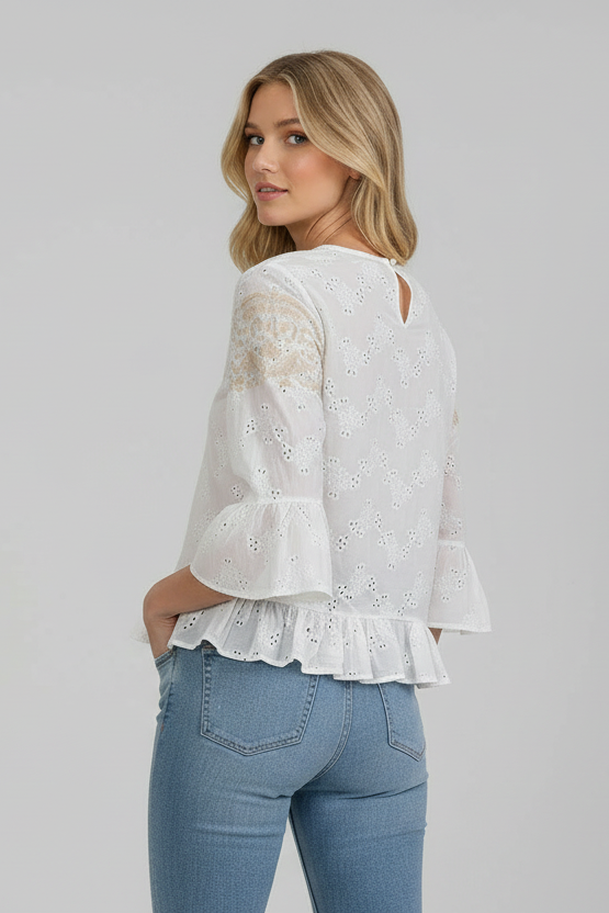 Sunlit Eyelet Embroidery Tiered Bell Sleeves Blouse