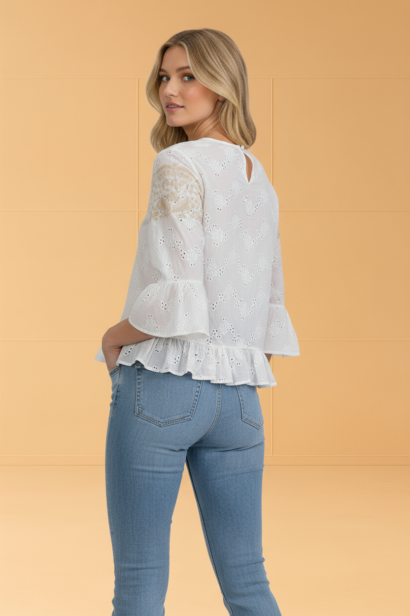 Sunlit Eyelet Embroidery Tiered Bell Sleeves Blouse