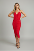 Sleeveless ruched bodycon midi dress with V-neck