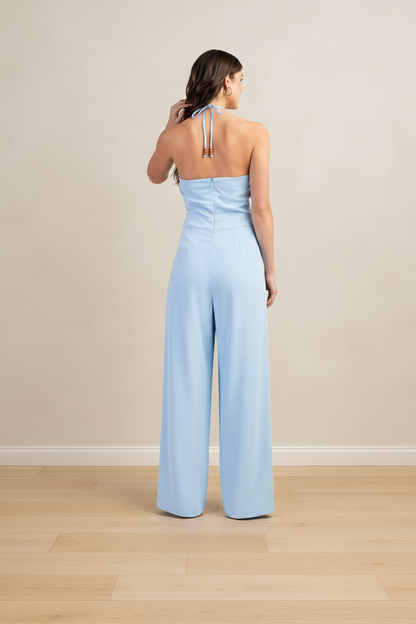 TWILIGHT STROLL BLUE HALTER NECK WIDE LEG JUMPSUIT