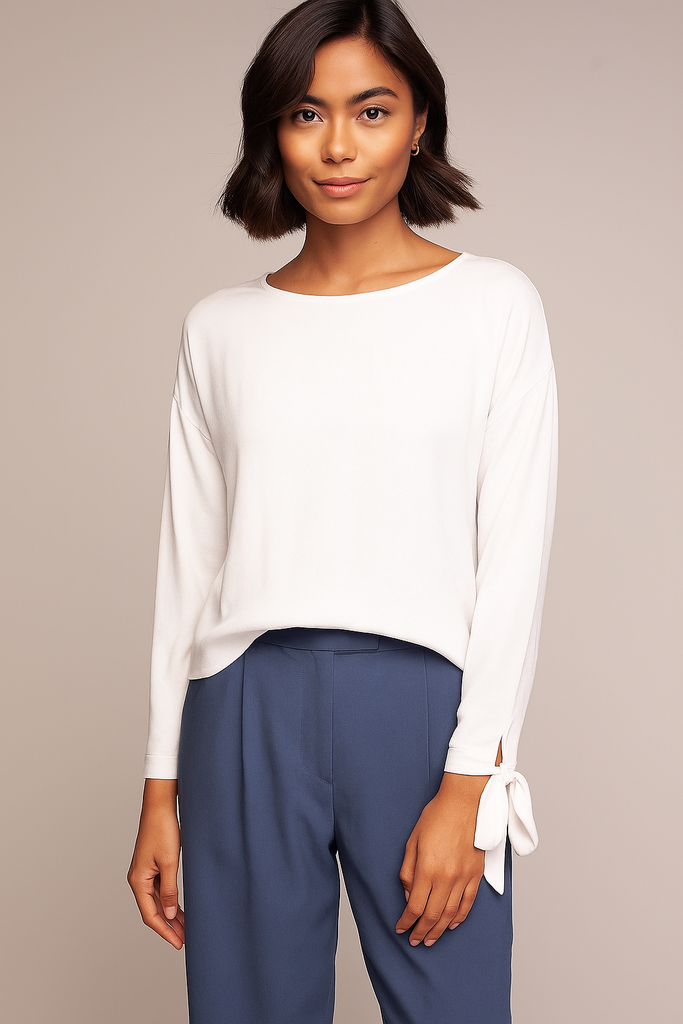 Long sleeve tie cuff blouse styled