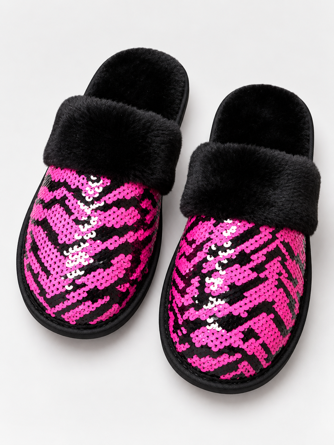 Zebra Faux Fur Sequin Slippers