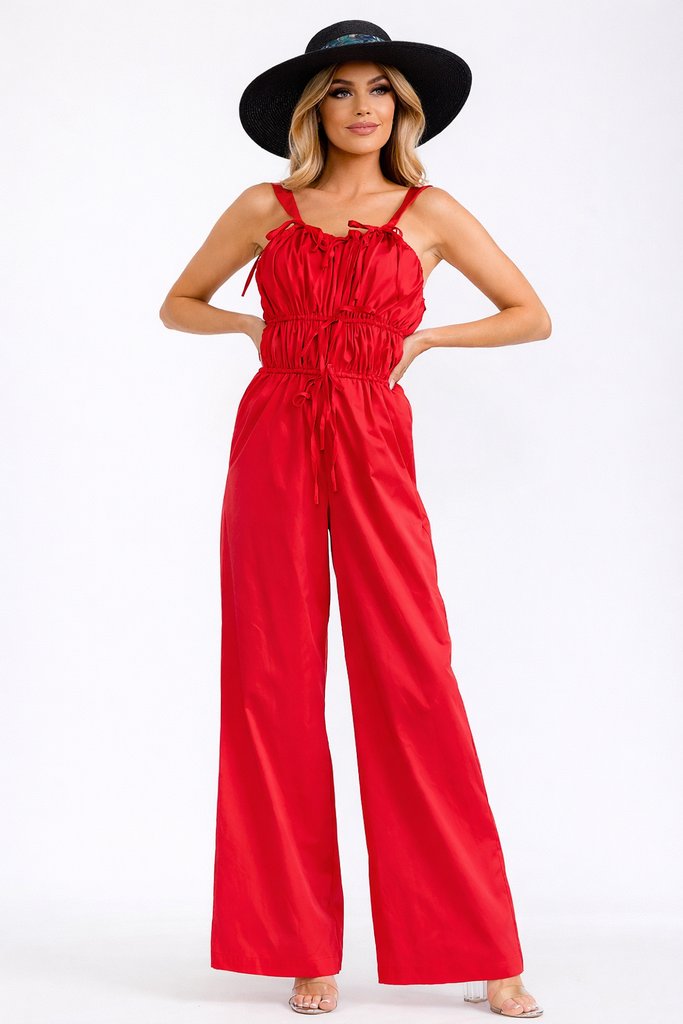 Ruched wide-leg jumpsuit with flattering silhouette