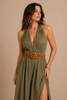 Macramuse beaded belt with brown wooden buckle, styled