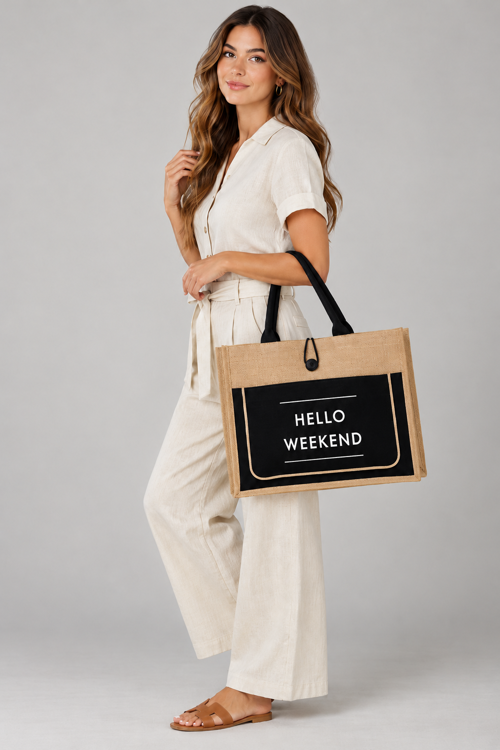 Hello Weekend Burlap Tote Bag