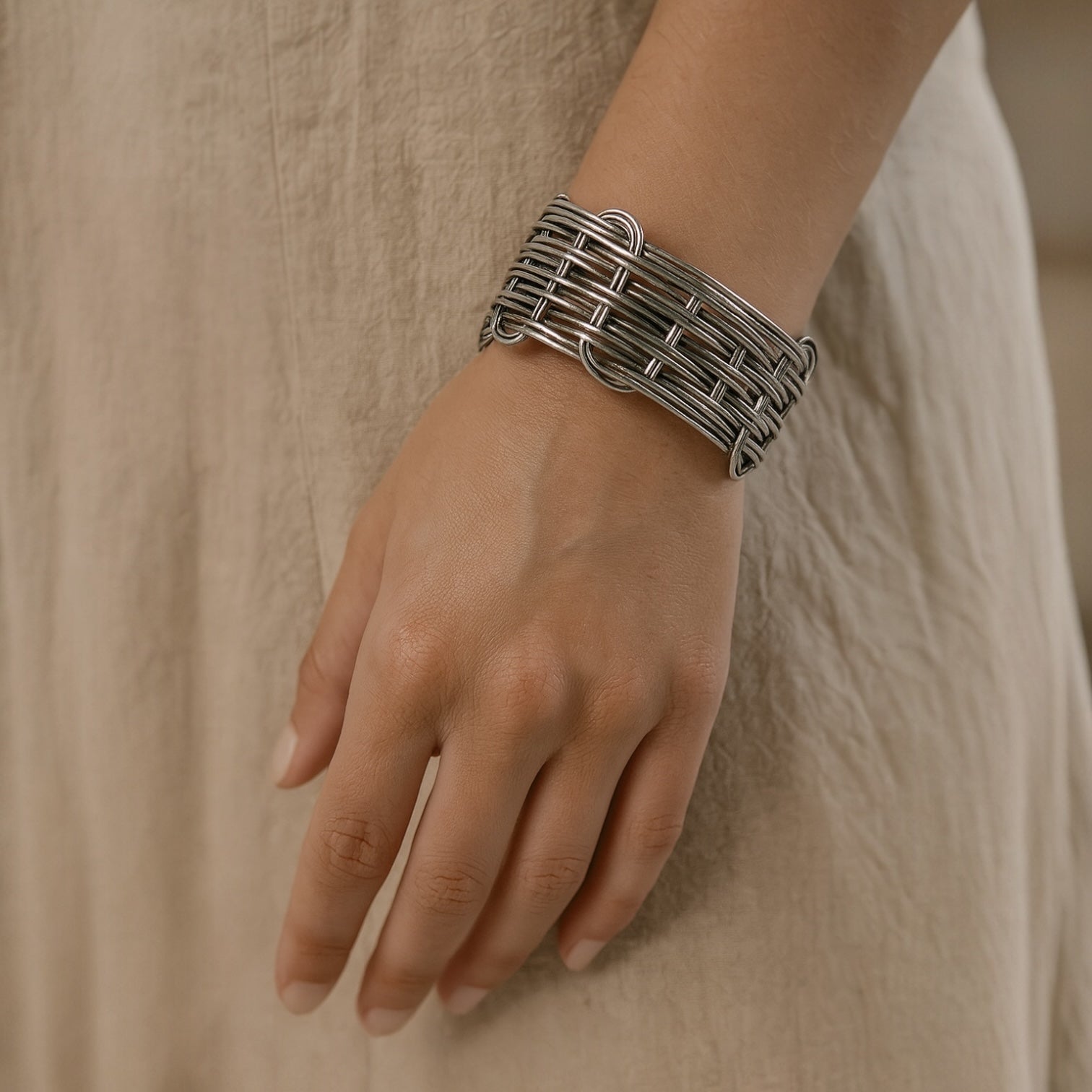 Handcrafted Silver Tone Basket weave cuff bracelet