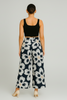 Black white floral wide-leg palazzo pants, side silhouette