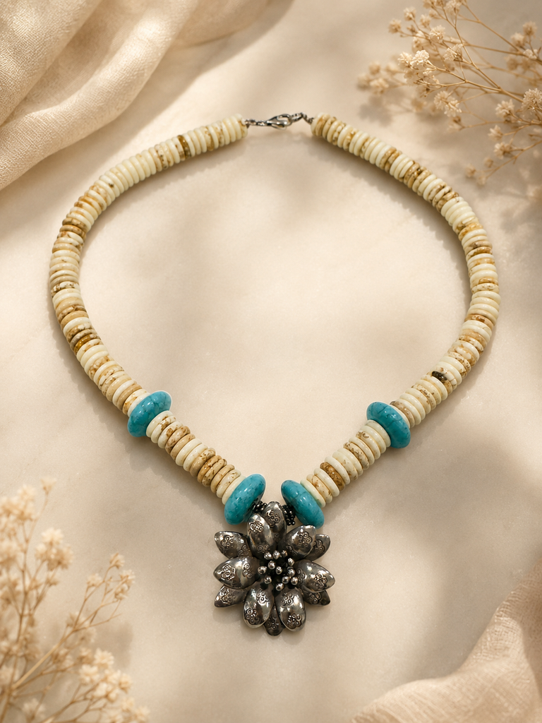 Santa Fe Blossom necklace with magnesite disc beads in soft turquoise