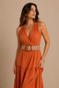 Brown two-tone braided belt on model