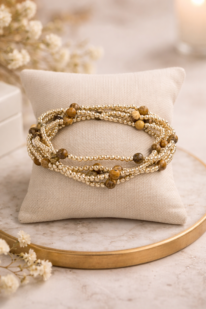 Mixed stone and metallic bead bracelet set, close-up