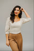 Natural color tweed top with lace sleeves